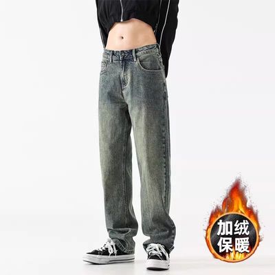 复古水洗秋冬加绒厚牛仔裤