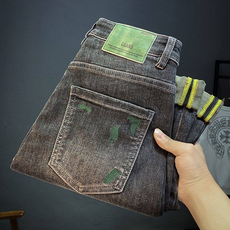 高端袖标刺绣黑灰色牛仔裤男潮牌韩版小脚裤宽松百搭弹力男士裤子