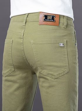 高端潮牌浅绿色牛仔裤男直筒修身欧货夏季薄款潮牌纯棉休闲九分裤