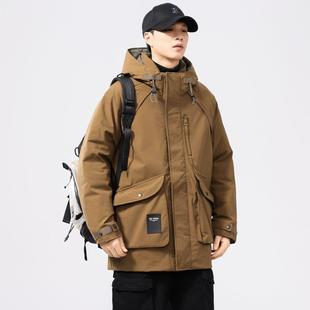 中长款宽松潮流羽绒服男冬季时尚多口袋连帽保暖外套2025新款男装