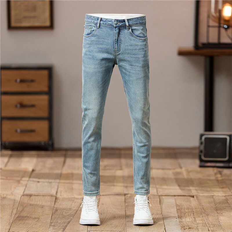 高端春秋浅色牛仔裤男修身小脚裤弹力潮流韩版高端百搭休闲裤子男