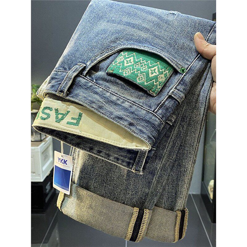 韩版潮流蓝色牛仔裤男士潮牌修身小直筒休闲痞帅气小脚长裤子