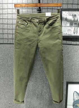 军绿色夏季 九分休闲牛仔裤男修身小脚裤薄款基础9分潮流弹力裤子