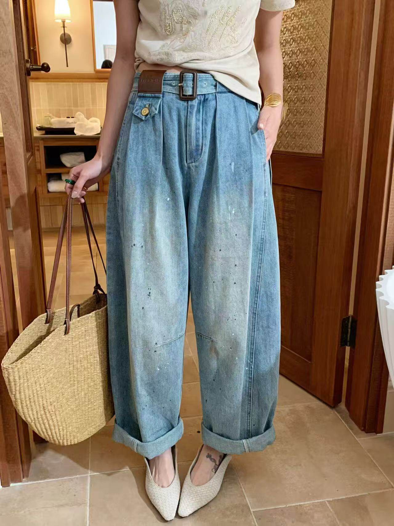 欧洲站2026春季新款V+.com时尚腰带烫钻牛仔裤高级感百搭阔腿裤女