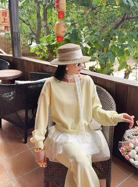 欧洲站2026春季新款DT.Dong蕾丝拼接飘带圆领卫衣高腰微喇裤套装