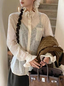 法式 南油欧货2026春季 气质百搭上衣 .com木耳边立领长袖 衬衫 新款