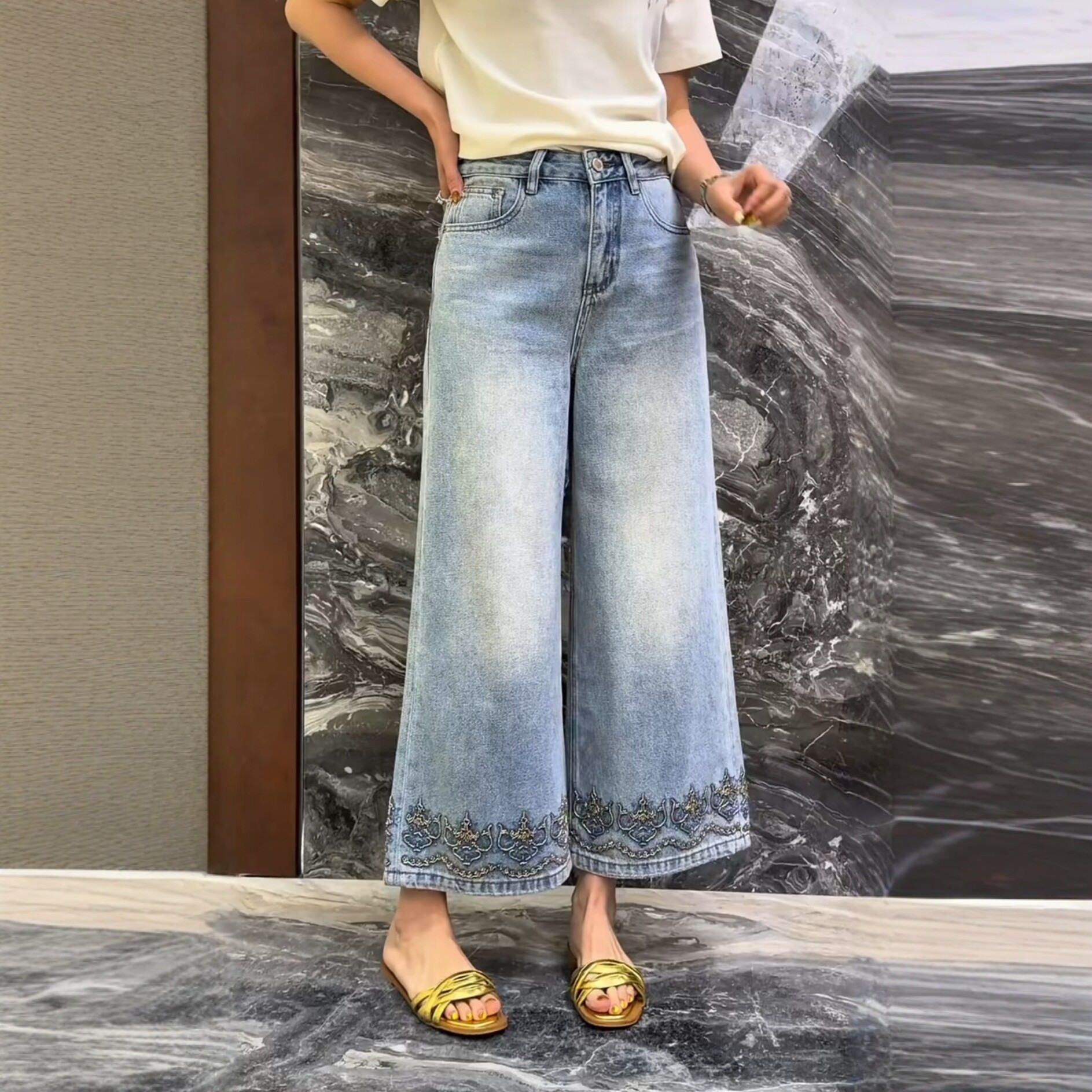 欧洲站2026春季新款Dong.one显瘦直筒牛仔裤重工刺绣九分阔腿裤女