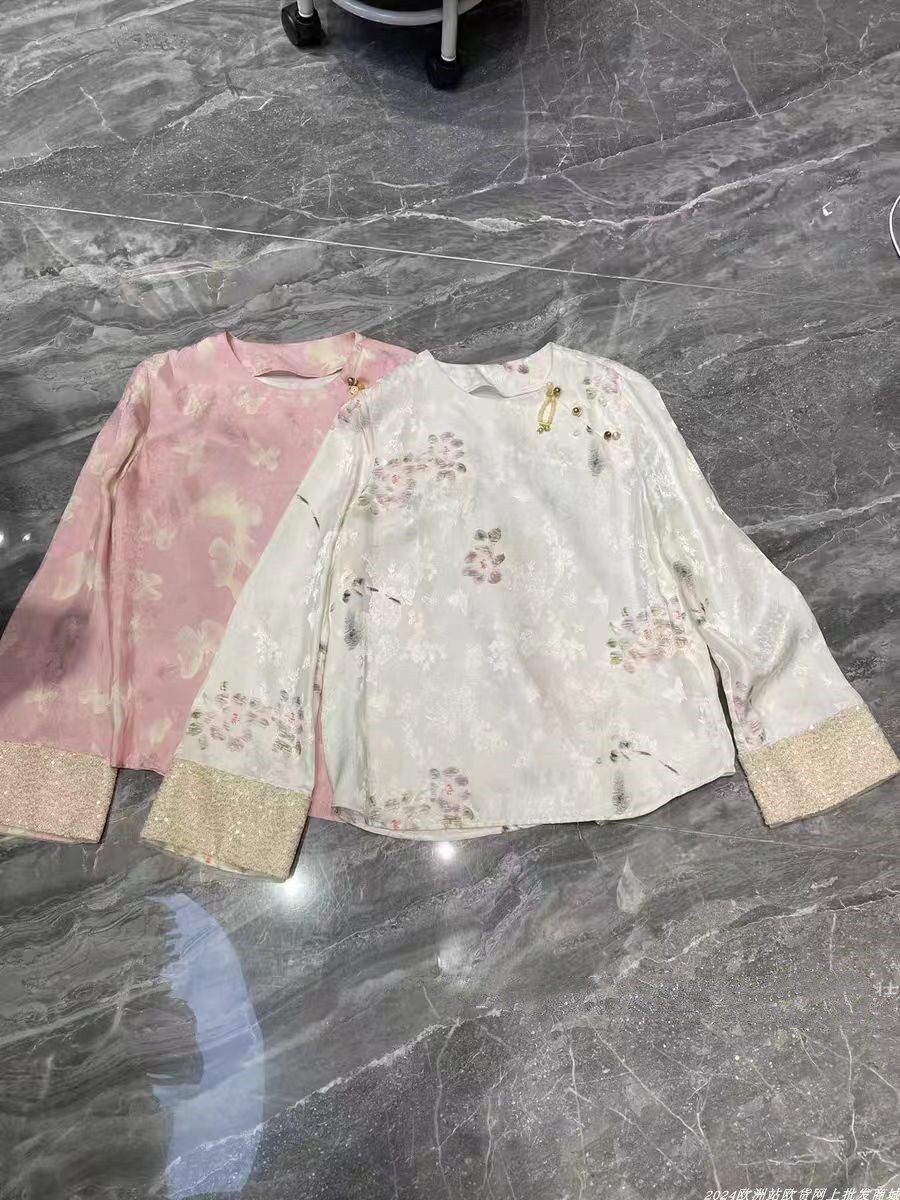 欧洲站2024秋款V+.COM设计感拼色亮片衬衫甜美印花女人味百搭上衣