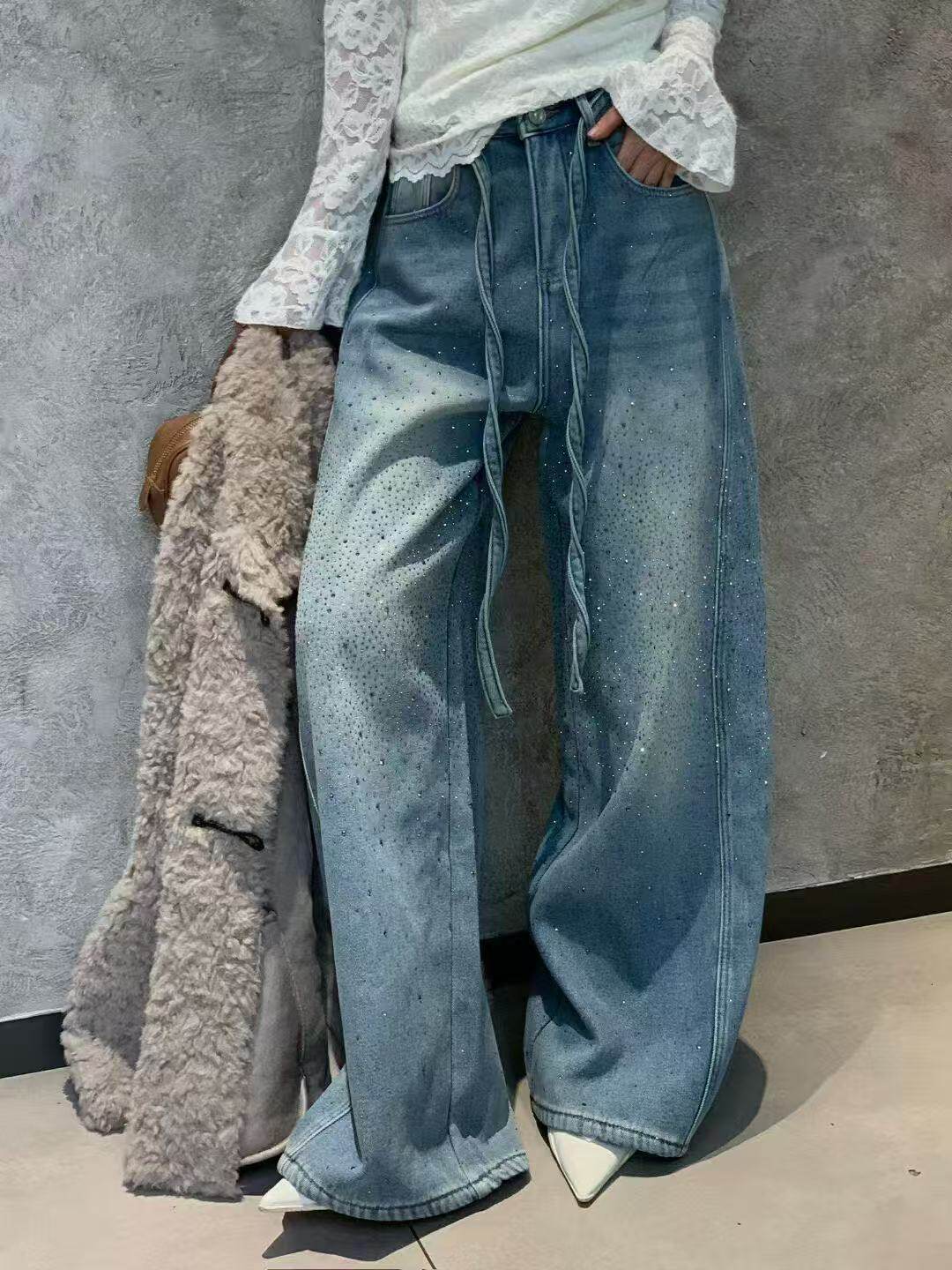 欧洲站2025冬季新款V+.com高腰加绒烫钻阔腿裤系带宽松休闲牛仔裤