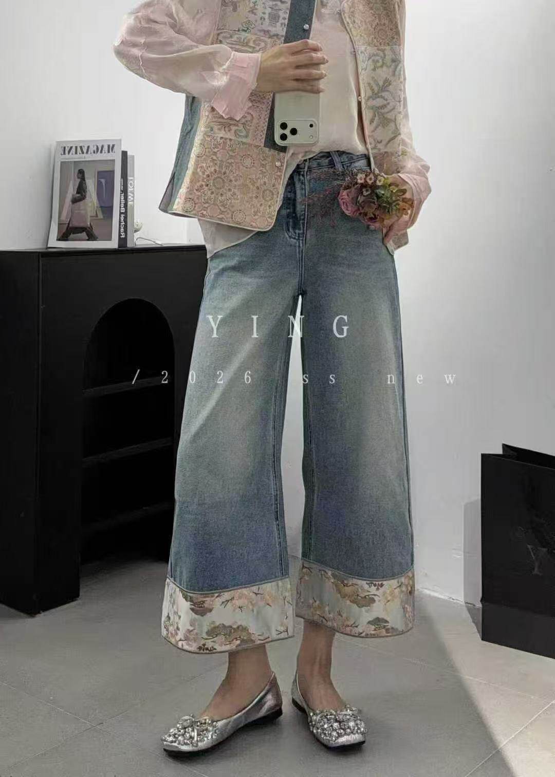 百搭九分阔腿裤欧洲站2026春季新款Dong.one高腰显瘦刺绣牛仔裤女