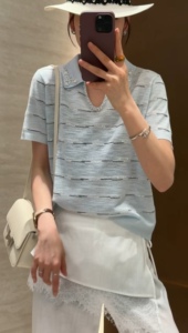 2026夏季洋气钉珠条纹冰丝T恤女