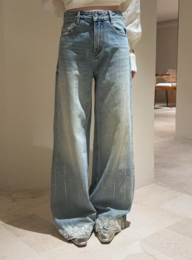 欧洲站2026春季新款DT.Dong设计感蕾丝花朵烫钻牛仔裤高腰阔腿裤