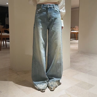 欧洲站2026春季 DT.Dong设计感蕾丝花朵烫钻牛仔裤 高腰阔腿裤 新款