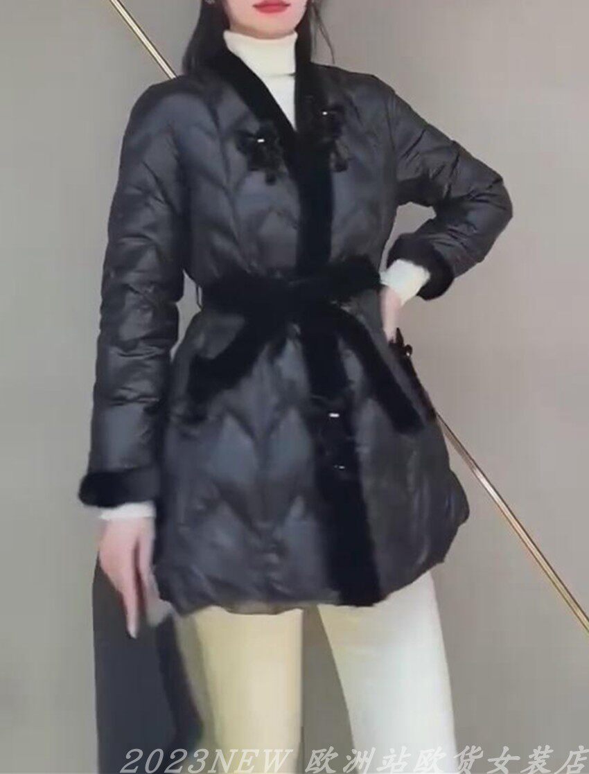 欧洲站2025冬季新款立体蝴蝶菱格系带羽绒服外套中长款保暖上衣女