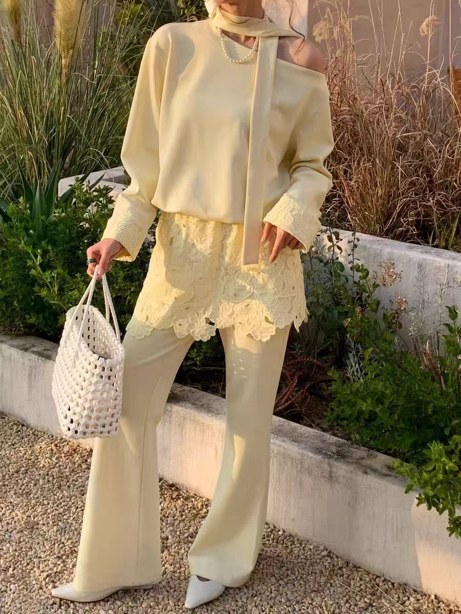 欧洲站2026春季新款V+.com休闲宽松卫衣蕾丝屁帘高腰微喇裤套装女