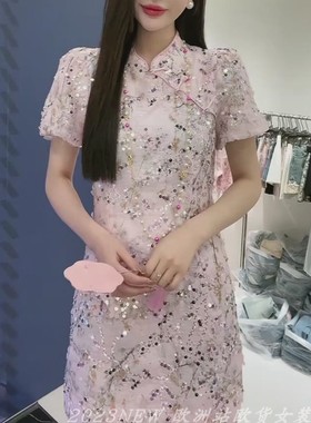 欧洲站2024夏款V+.COM法式泡泡袖亮片连衣裙国风盘扣旗袍裙89506