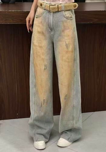 欧洲站2025秋冬新款V+.com设计感磨白薄绒休闲牛仔裤高腰阔腿裤女
