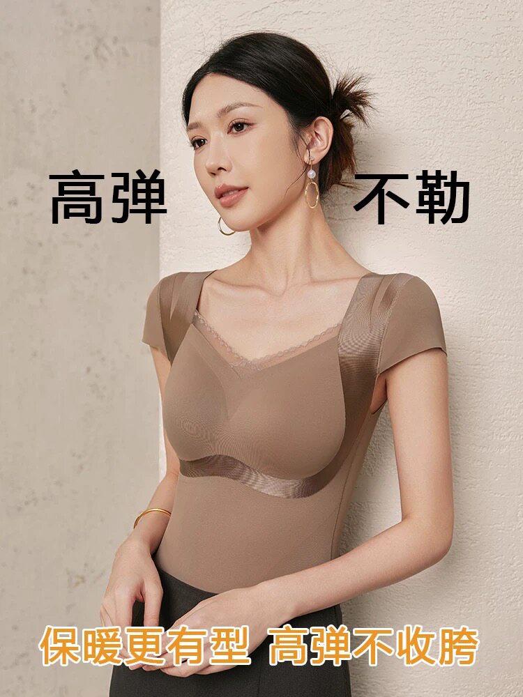 秋冬保暖背心女士小飞袖双层塑身收腹打底加绒自带胸罩塑身上衣