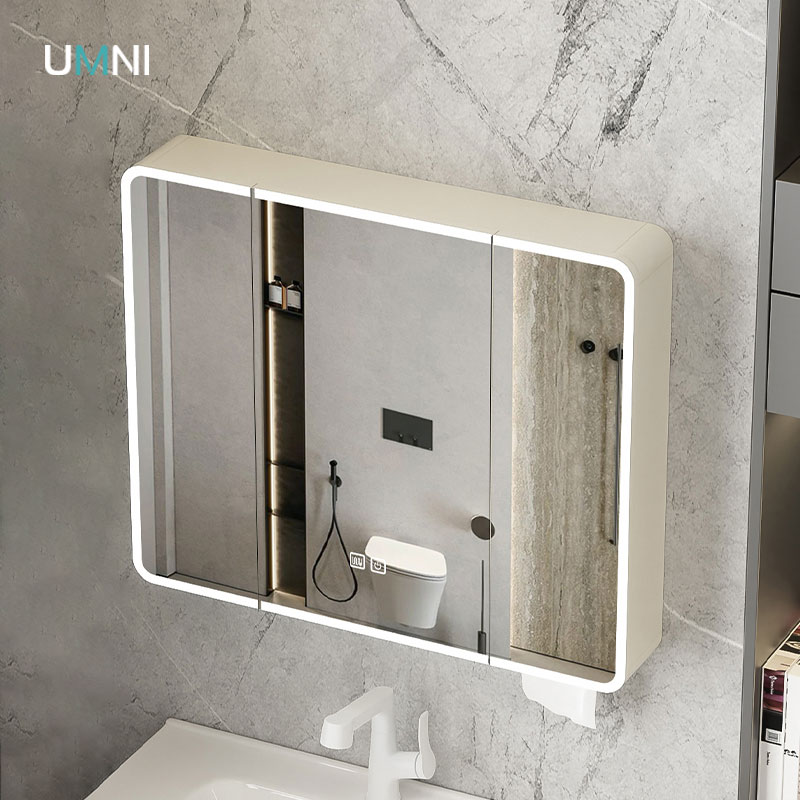 太空铝圆弧形浴室镜柜单独智能灯光储物柜卫生间挂墙式带美妆镜柜