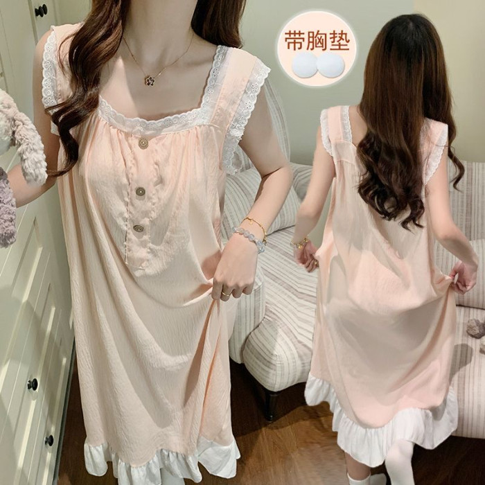 睡裙睡衣女带胸垫夏日吊带夏季薄款可爱睡衣连衣裙大码孕妇家居服