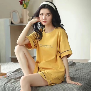家居服可外穿 睡衣女夏天纯棉100%短袖 短裤 甜美套头少女生夏季 薄款