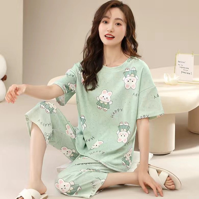 睡衣女夏季纯棉短袖七分裤图片
