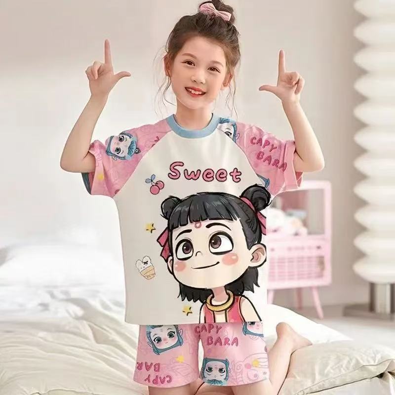 女童纯棉短袖睡衣夏季新款卡通可爱哪吒中大童女孩休闲家居服套装