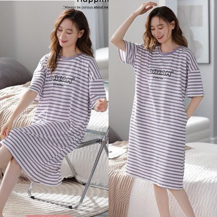 睡衣女夏季纯棉短袖睡裙女夏天可爱薄款韩版孕妇胖mm大码宽松春秋