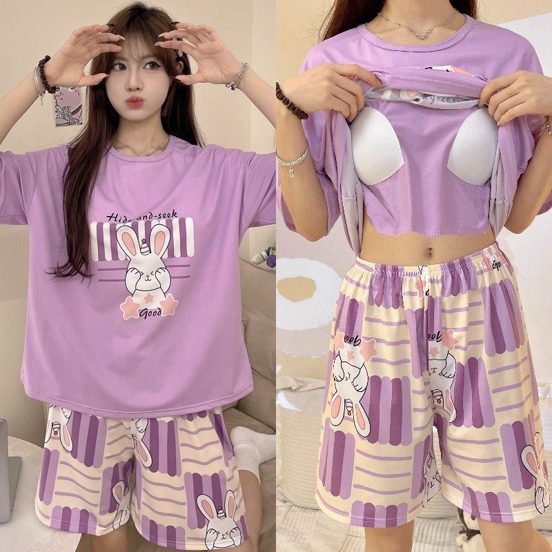 带胸垫短袖外穿睡衣大码免穿文胸