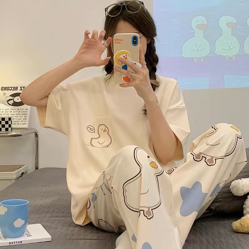 睡衣女夏天宽松薄款短袖长裤套装