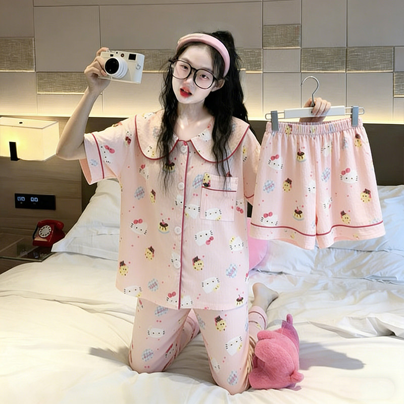 云朵棉三件套娃娃领开衫睡衣套装