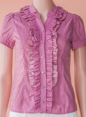 ROEM夏荷叶边领纯棉女款修身衬衣短袖衬衫RCYW02604B