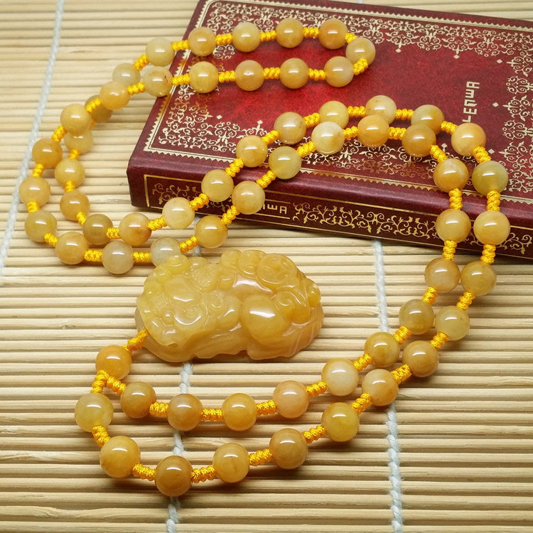 天然黄玉大貔貅吊坠项链毛衣链长款圆珠链男女情侣民族风复古饰品