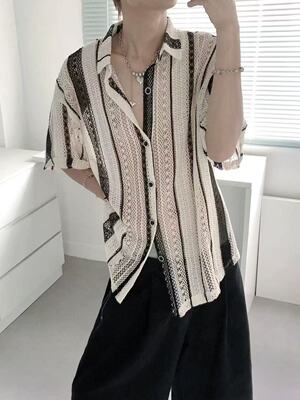 欧洲YI男装新款轻奢镂空条纹设计短袖衬衫男士夏季宽松薄款衬衣潮