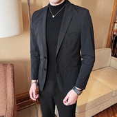 西装 外套男休闲西服上衣秋季 商务修身 YIYJANGDE 百搭外套黑色薄款