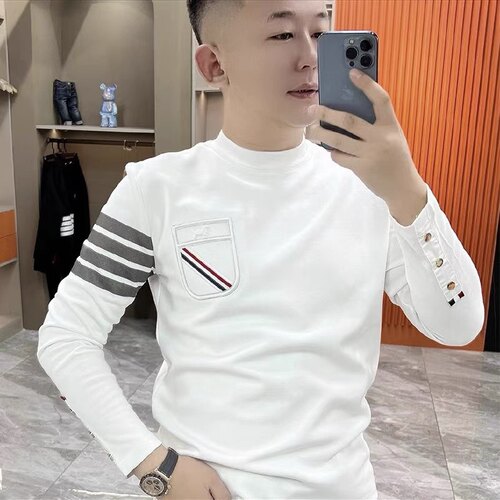 男士春秋季套头印花四杠圆领打底衫潮流时尚贴兜休闲卫衣t恤上衣