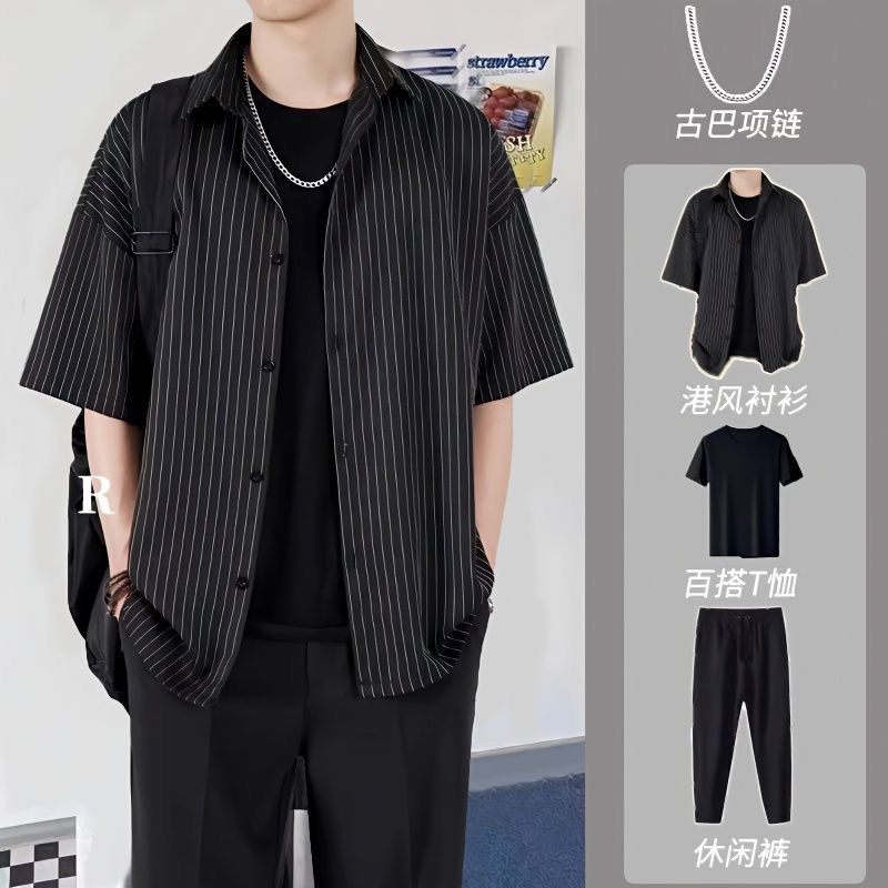 韩版潮流条纹衬衫短袖条纹衬衫