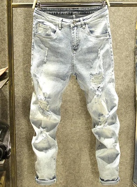 春夏浅色破烂牛仔裤男九分宽松个性韩版青年弹力小脚乞丐裤子潮牌