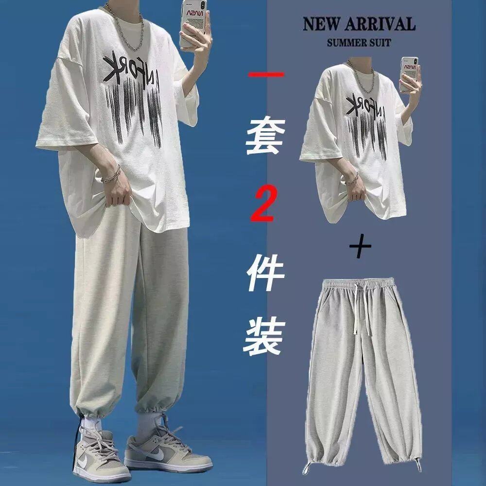 一套衣服男韩版潮流学生五分袖t恤休闲九分裤青少年男T夏天套装男