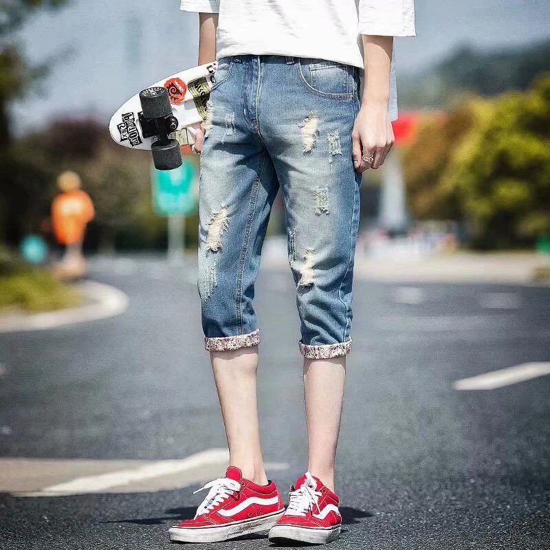 夏季薄款男牛仔七分破洞短裤男士修身七分裤宽松休闲五分韩版潮流