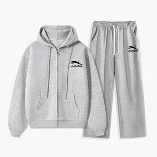 男士 灰色运动套装 拉链开衫 连帽卫衣束脚卫裤 2件 春秋季 休闲1 薄款