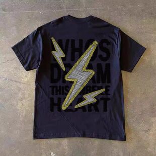 100%纯棉t恤短袖 凉感上衣1 男女夏季 黑色半袖 创意印花情侣款 美式