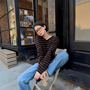 V领条纹毛衣套头衫 日韩休闲基本款 慵懒风简约百搭保暖羊毛长袖