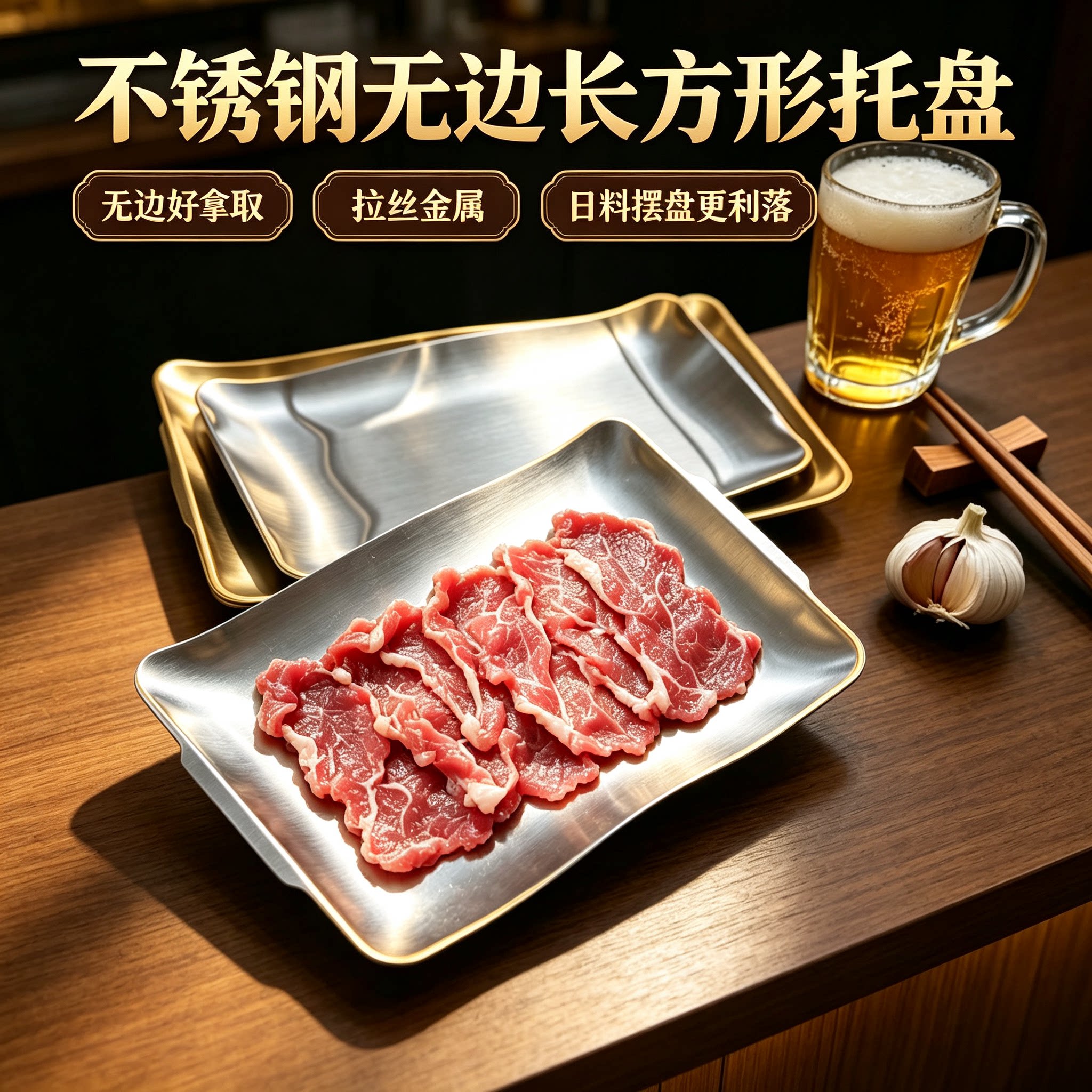 简约风波浪边餐用托盘复古金属质感盘子长方形餐具创意几何日式热