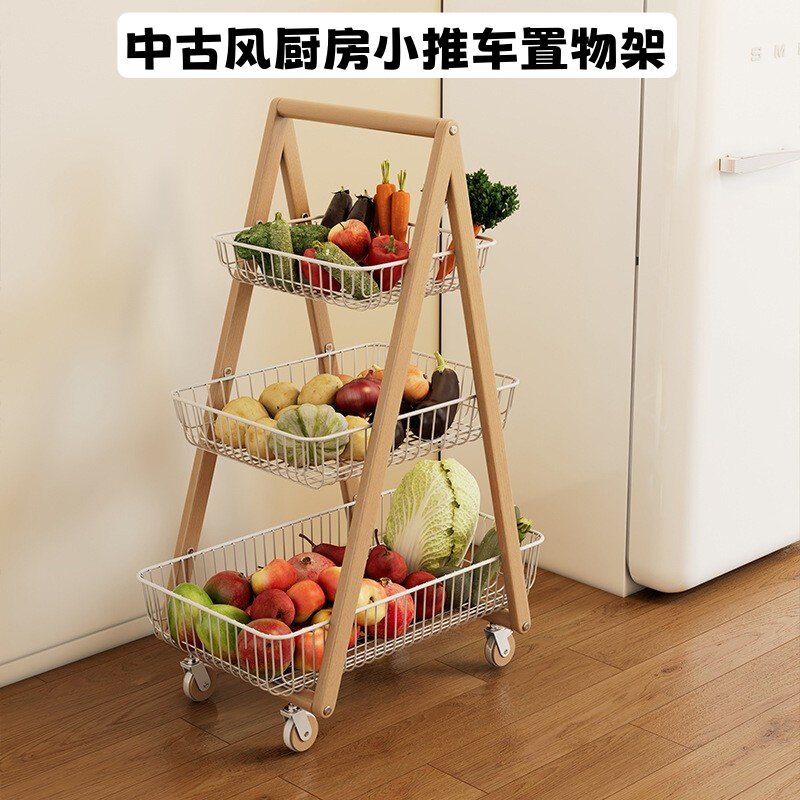 多功能果蔬收纳木质多层落地可移动收纳架中古风厨房小推车置物架