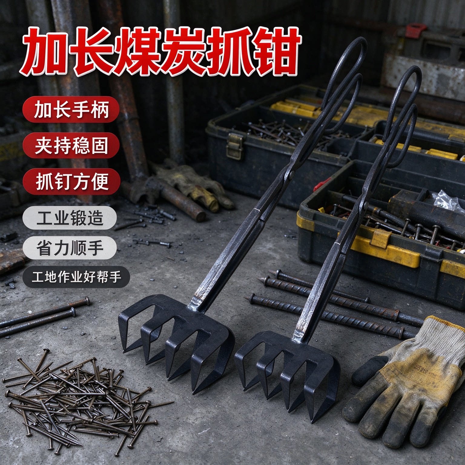 加长煤炭抓钳工业级铁质抓钉钳加长手柄夹持稳固省力工具夹持工具