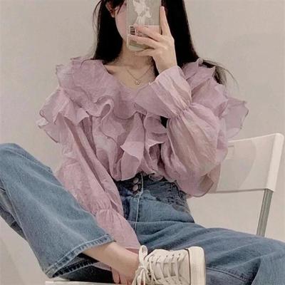 甜美雪纺上衣女早秋2025新款法式气质小众超仙薄款荷叶边长袖衬衫