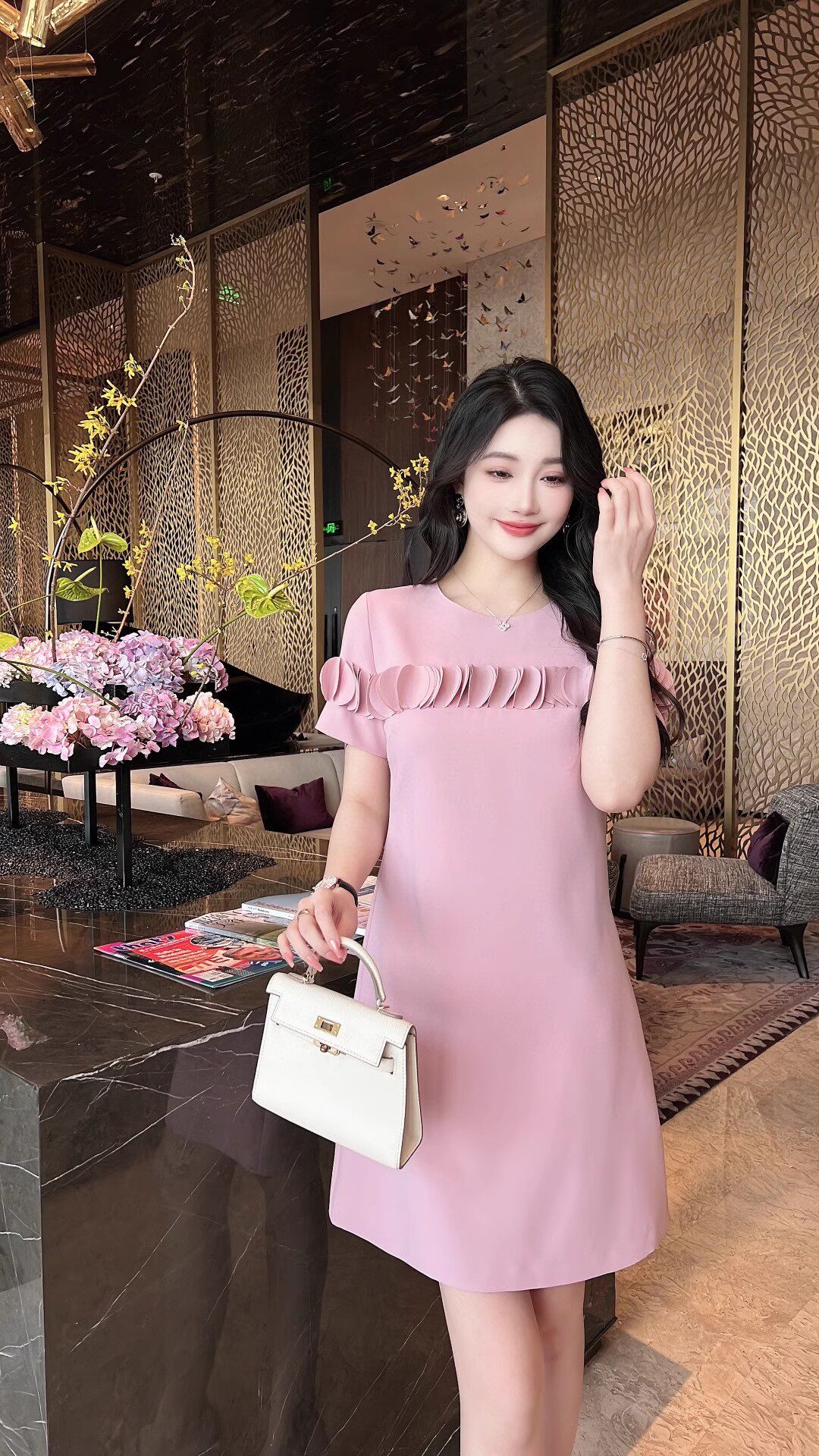 轻奢名媛小香风重工立体花瓣拼接优雅女人味a字连衣裙夏