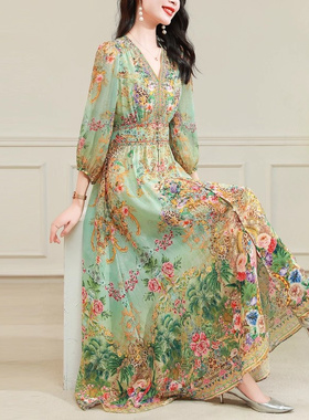 绿色真丝双绉连衣裙女2025夏季新款v领九分袖钉珠桑蚕丝印花长裙