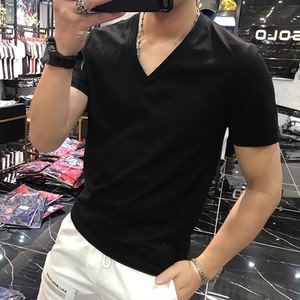 夏季欧洲站丝光棉大V领短袖男士潮流简约纯色修身半袖休闲t恤青年